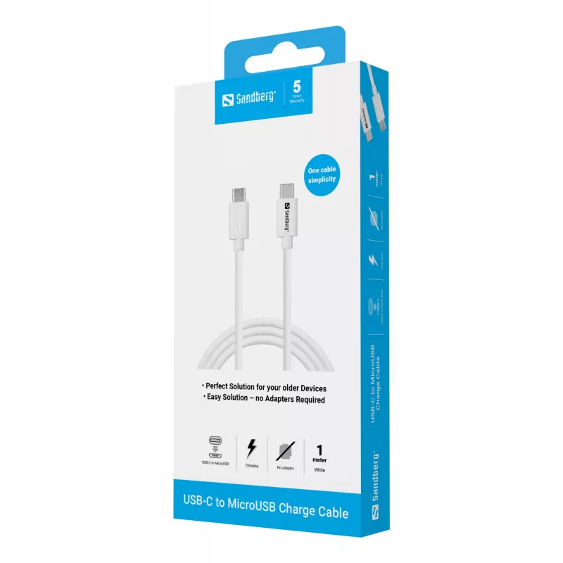 Sandberg USB-C>MicroUSB oplaadkabel 1m, 1 m, USB C, Micro-USB B, wit