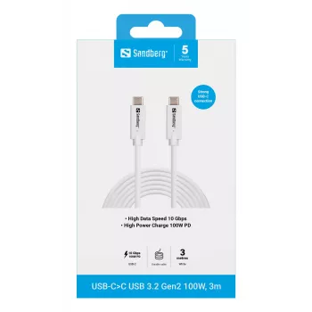 Sandberg USB-C naar USB-C USB 3.2 Gen2 100W, 3m, 3 m, USB C, USB C, USB 3.2 Gen 2 (3.1 Gen 2), 10 Gbit/s, wit