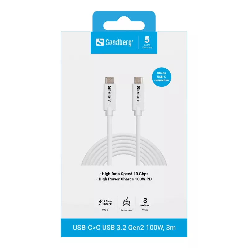 Sandberg USB-C naar USB-C USB 3.2 Gen2 100W, 3m, 3 m, USB C, USB C, USB 3.2 Gen 2 (3.1 Gen 2), 10 Gbit/s, wit