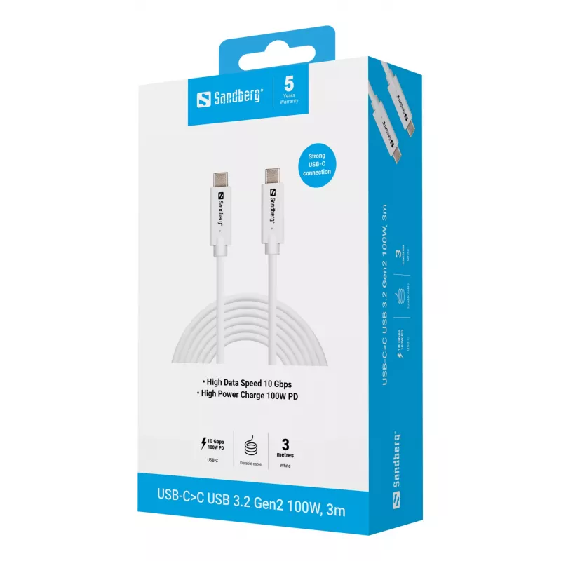 Sandberg USB-C naar USB-C USB 3.2 Gen2 100W, 3m, 3 m, USB C, USB C, USB 3.2 Gen 2 (3.1 Gen 2), 10 Gbit/s, wit