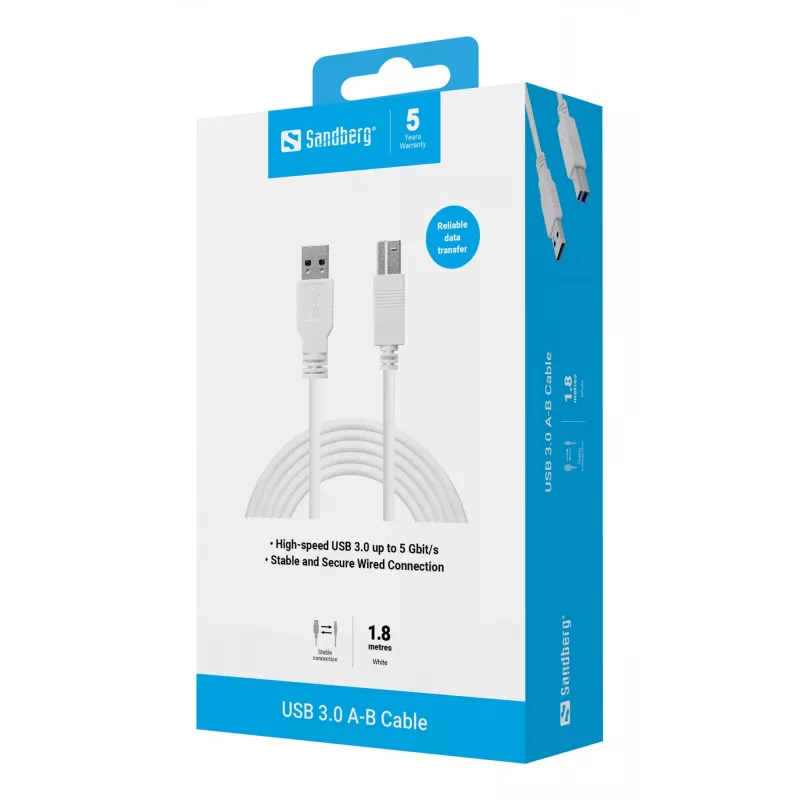 Sandberg USB 3.0 A-B-kabel 1,8 m, 1,8 m, USB A, USB B, USB 3.2 Gen 1 (3.1 Gen 1), 5 Gbit/s, wit