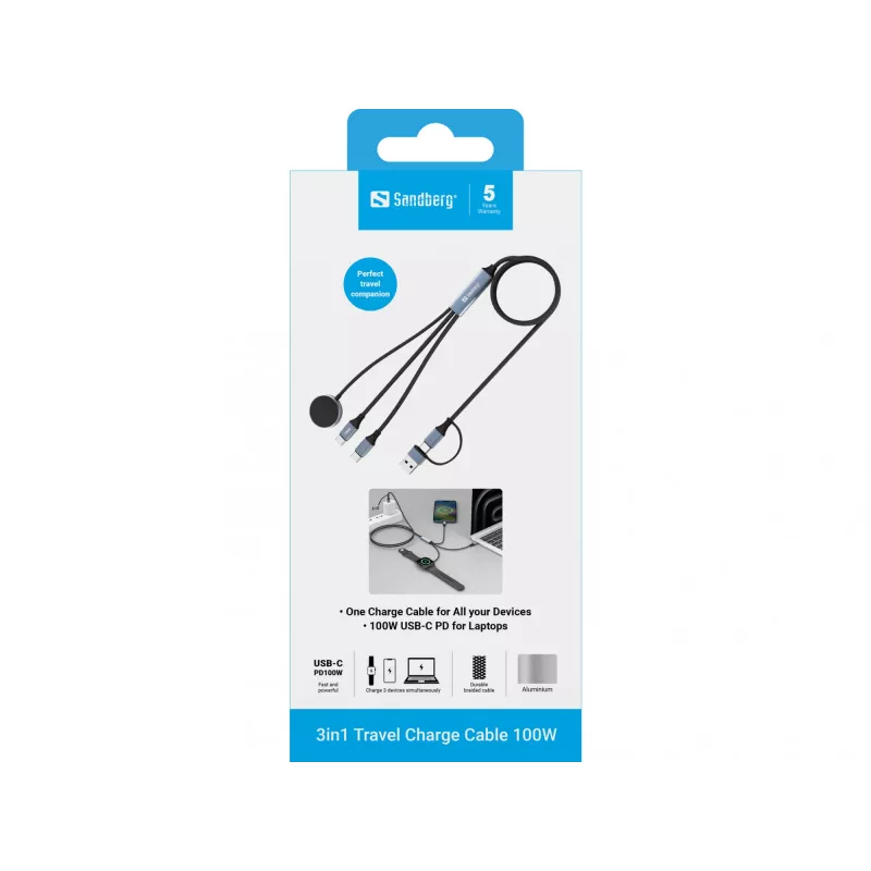 Sandberg 3in1 Travel Charge kabel 100W, 1,2 m, USB A/USB C, zwart