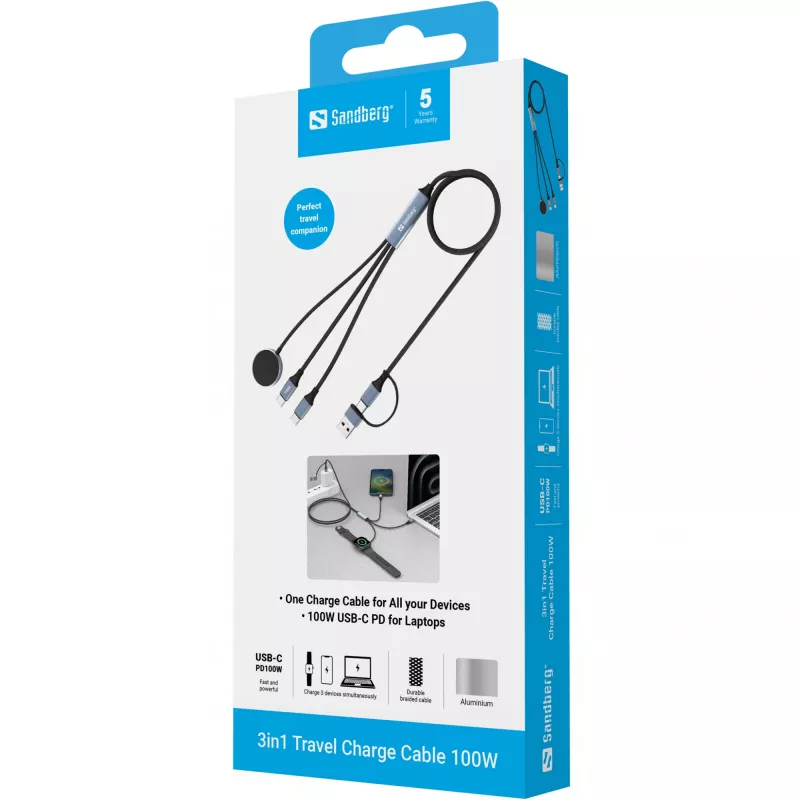Sandberg 3in1 Travel Charge kabel 100W, 1,2 m, USB A/USB C, zwart