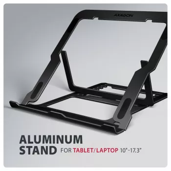 Axagon STND-LAB aluminium laptophouder maat 10 inch–17,3 inch. Achtvoudig verstelbare hoogte en hoek. Zwarte versie.