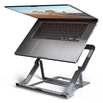 Axagon STND-LAG aluminium standaard voor laptops van 10 inch–17,3 inch. Acht instelbare hoogte- en hellingshoeken. Grijze uitvoering.
