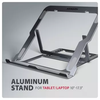 Axagon STND-LAG aluminium standaard voor laptops van 10 inch–17,3 inch. Acht instelbare hoogte- en hellingshoeken. Grijze uitvoering.