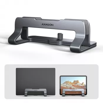 Axagon STND-VG aluminium standaard voor verticaal insteken van laptops 10 inch–17,3 inch. Instelbare sleufbreedte 9,5–25,5 mm. Grijze versie.