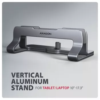 Axagon STND-VG aluminium standaard voor verticaal insteken van laptops 10 inch–17,3 inch. Instelbare sleufbreedte 9,5–25,5 mm. Grijze versie.