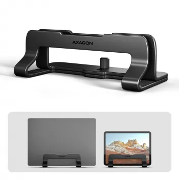 Axagon STND-VB aluminium standaard voor verticale opname van laptops van 10 inch – 17,3 inch. Instelbare sleufbreedte 9,5–25,5 mm. Zwarte versie.