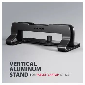 Axagon STND-VB aluminium standaard voor verticale opname van laptops van 10 inch – 17,3 inch. Instelbare sleufbreedte 9,5–25,5 mm. Zwarte versie.