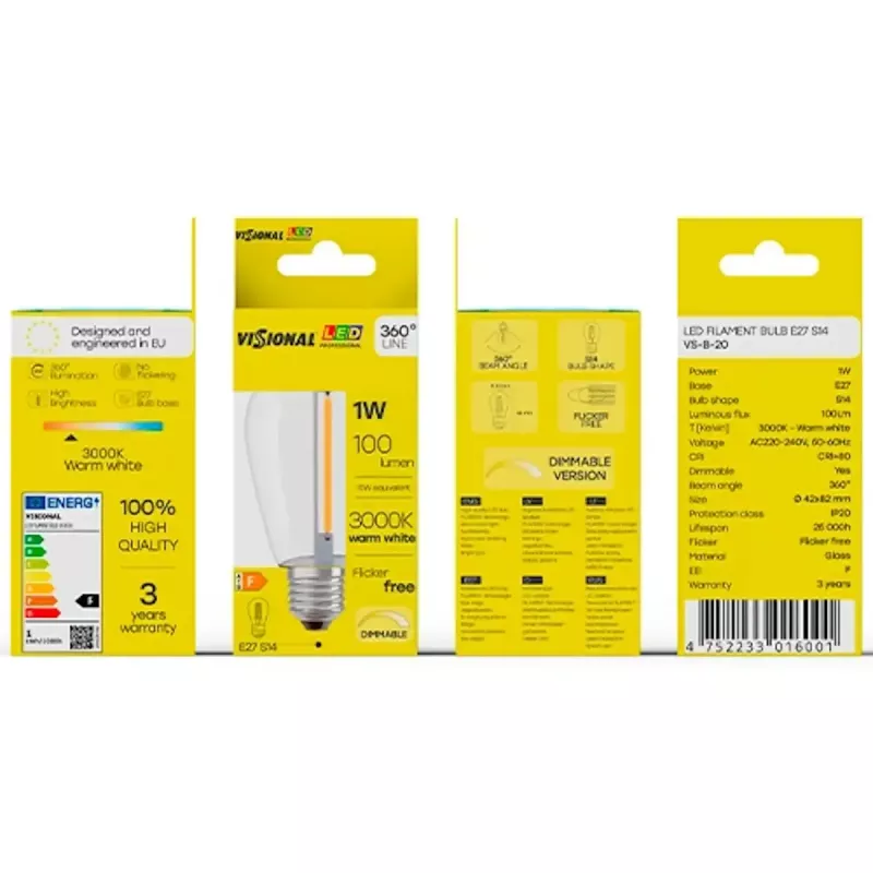 LED-lamp VISIONAL VS-B-20 1W 100 lm 3000K, energie-efficiëntieklasse F