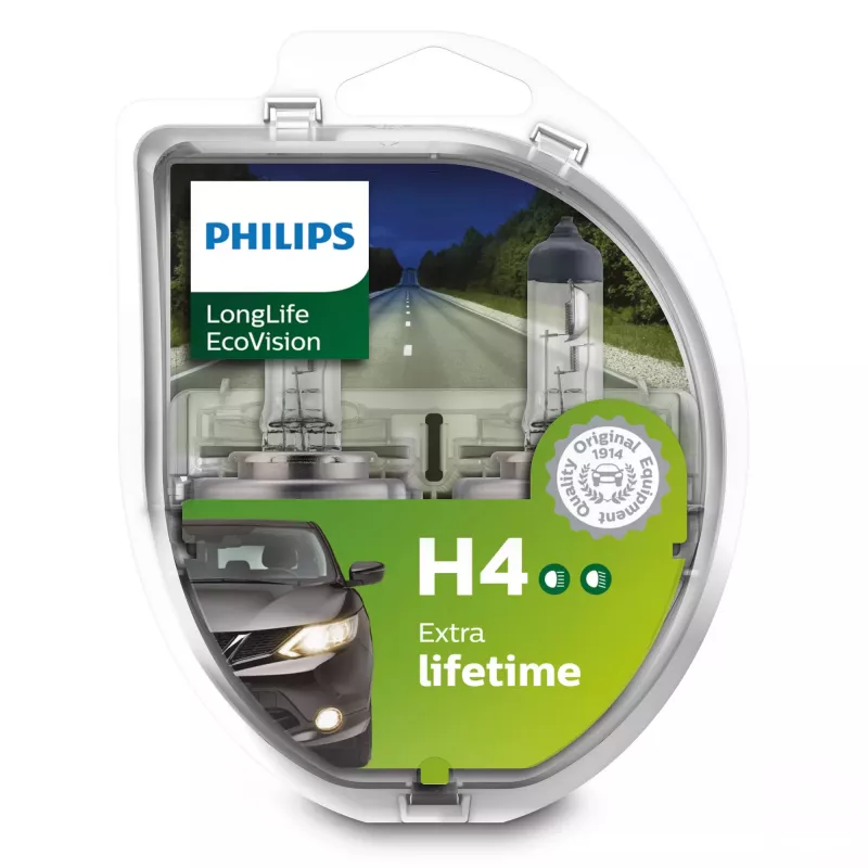 Philips LongLife EcoVision 12342LLECOS2 langere levensduur, 60 W, 12 V, H4, 3100 K, 2 stuks