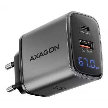 Wandlader AXAGON ACU-PQ67D, 67W, USB-C PD3.0 + USB-A QC4+, 2 uitgangen, LCD-display, 100–240V