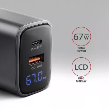 Wandlader AXAGON ACU-PQ67D, 67W, USB-C PD3.0 + USB-A QC4+, 2 uitgangen, LCD-display, 100–240V