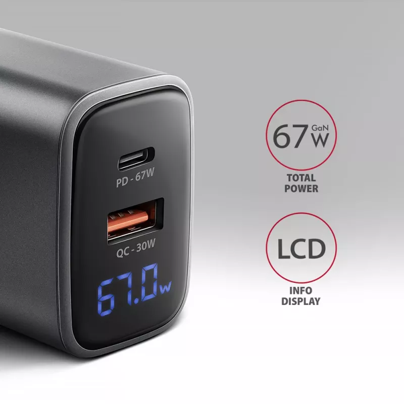 Wandlader AXAGON ACU-PQ67D, 67W, USB-C PD3.0 + USB-A QC4+, 2 uitgangen, LCD-display, 100–240V