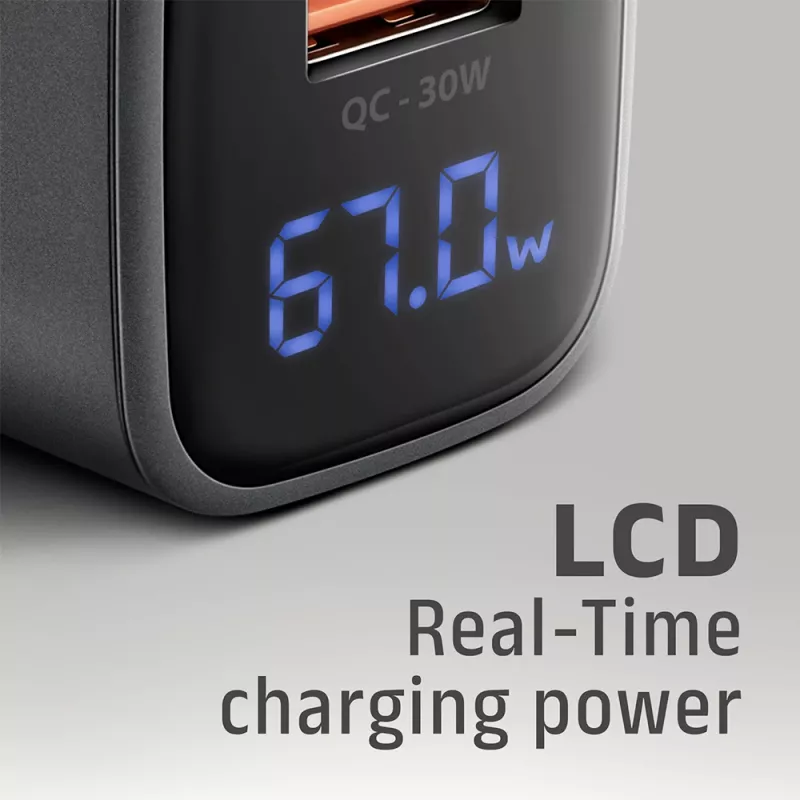 Wandlader AXAGON ACU-PQ67D, 67W, USB-C PD3.0 + USB-A QC4+, 2 uitgangen, LCD-display, 100–240V