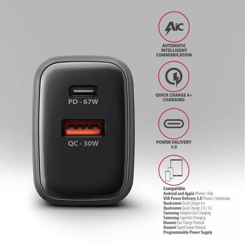 Wandlader AXAGON ACU-PQ67D, 67W, USB-C PD3.0 + USB-A QC4+, 2 uitgangen, LCD-display, 100–240V