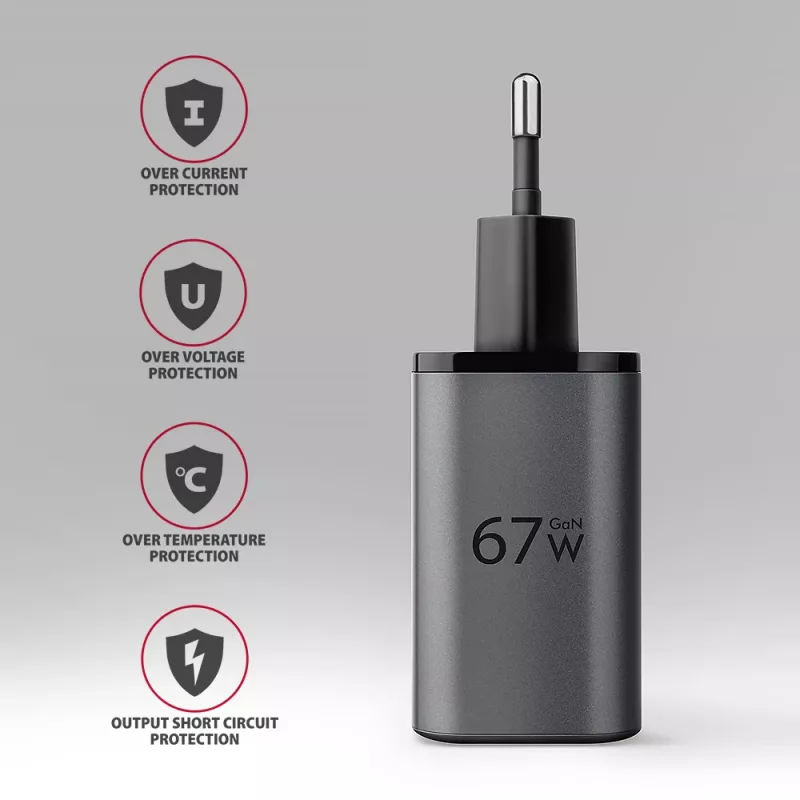 Wandlader AXAGON ACU-PQ67D, 67W, USB-C PD3.0 + USB-A QC4+, 2 uitgangen, LCD-display, 100–240V