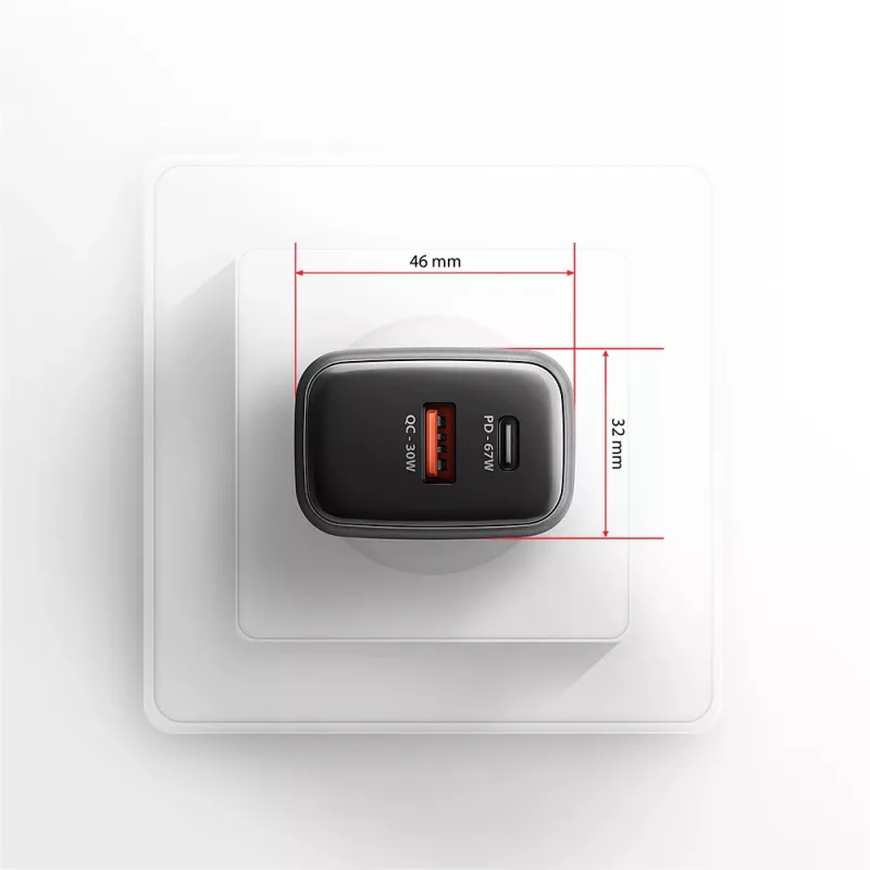 Wandlader AXAGON ACU-PQ67D, 67W, USB-C PD3.0 + USB-A QC4+, 2 uitgangen, LCD-display, 100–240V