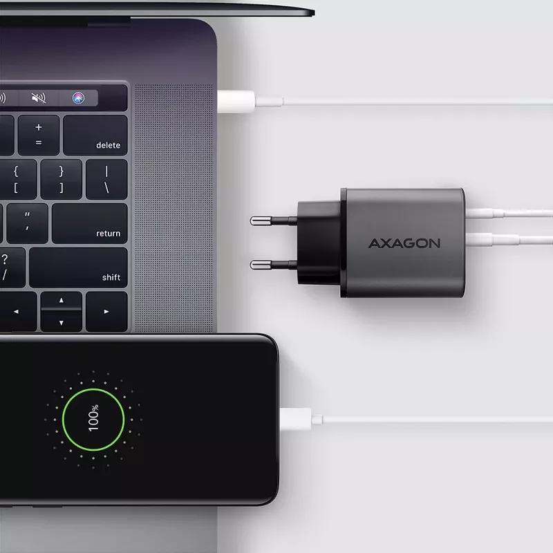 Wandlader AXAGON ACU-PQ67D, 67W, USB-C PD3.0 + USB-A QC4+, 2 uitgangen, LCD-display, 100–240V