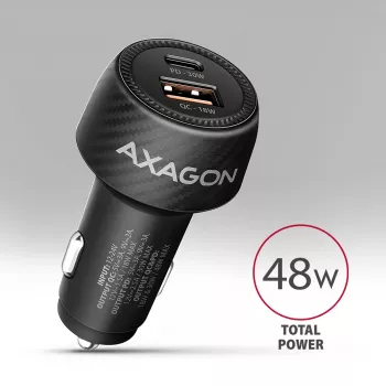 Autolader AXAGON PWC-PQ48, 48 W, USB-C (PD3.0) + USB-A (QC4+), ingang 12–24 V, zwart