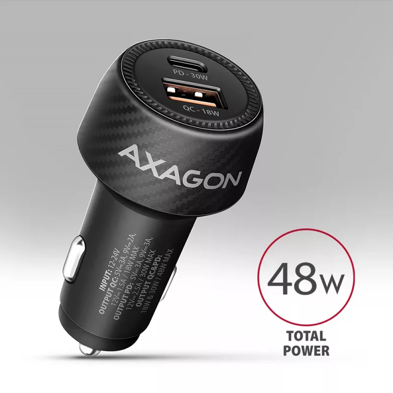 Autolader AXAGON PWC-PQ48, 48 W, USB-C (PD3.0) + USB-A (QC4+), ingang 12–24 V, zwart