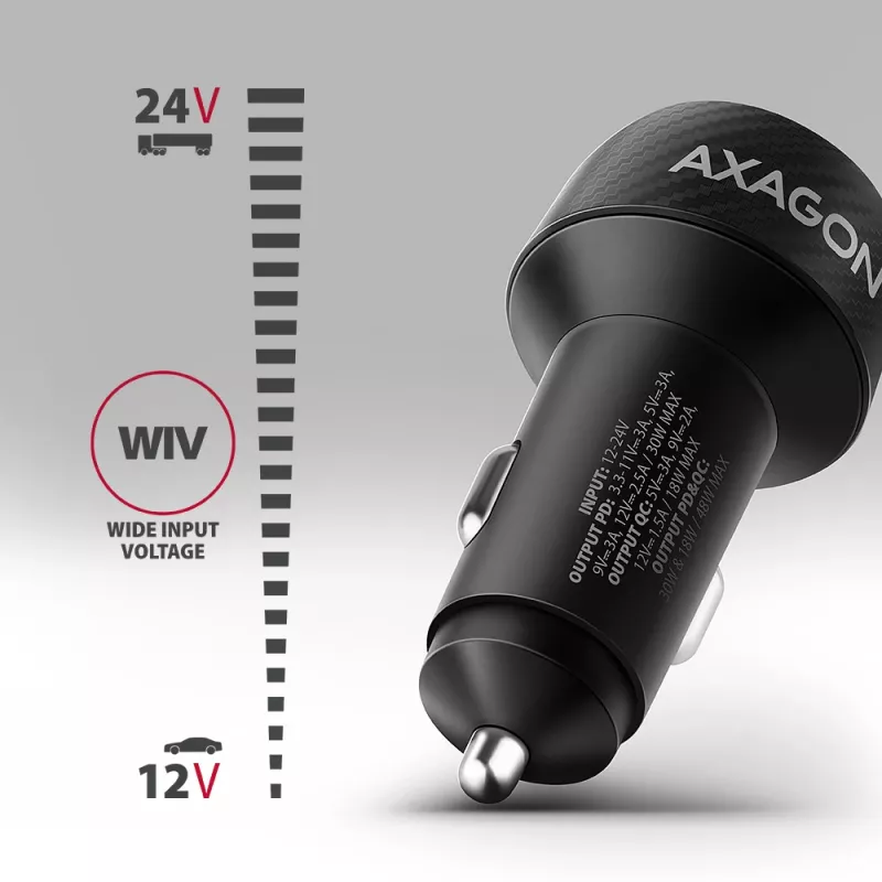 Autolader AXAGON PWC-PQ48, 48 W, USB-C (PD3.0) + USB-A (QC4+), ingang 12–24 V, zwart