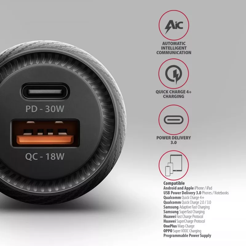 Autolader AXAGON PWC-PQ48, 48 W, USB-C (PD3.0) + USB-A (QC4+), ingang 12–24 V, zwart