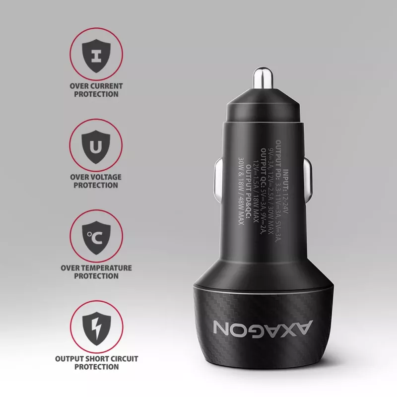 Autolader AXAGON PWC-PQ48, 48 W, USB-C (PD3.0) + USB-A (QC4+), ingang 12–24 V, zwart