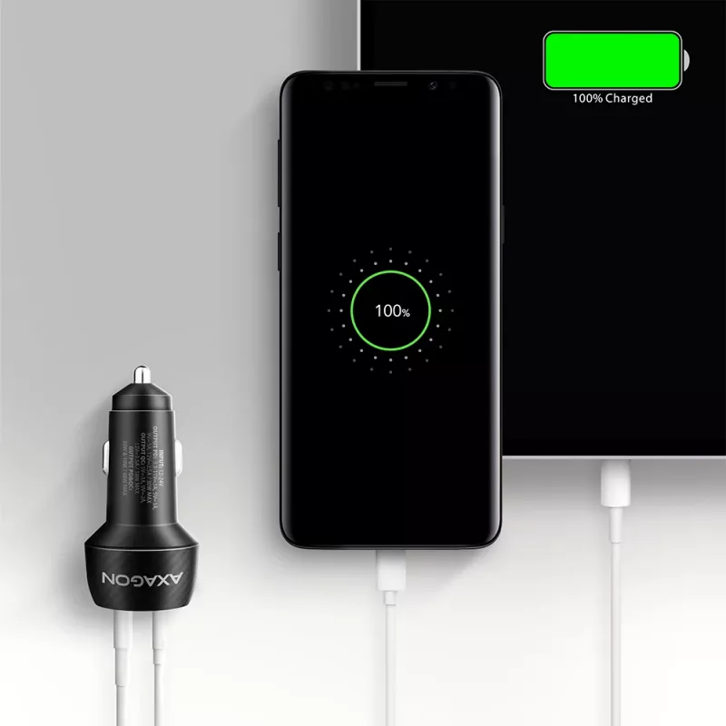 Autolader AXAGON PWC-PQ48, 48 W, USB-C (PD3.0) + USB-A (QC4+), ingang 12–24 V, zwart