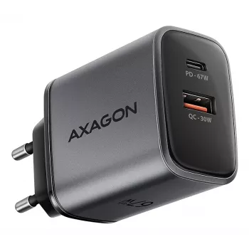 Voeding AXAGON ACU-PQ67, 67W, PD3.0 + QC4+, 1x USB-C + 1x USB-A, 100–240V, grijs/zwart