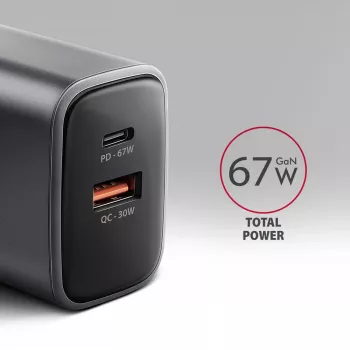 Voeding AXAGON ACU-PQ67, 67W, PD3.0 + QC4+, 1x USB-C + 1x USB-A, 100–240V, grijs/zwart