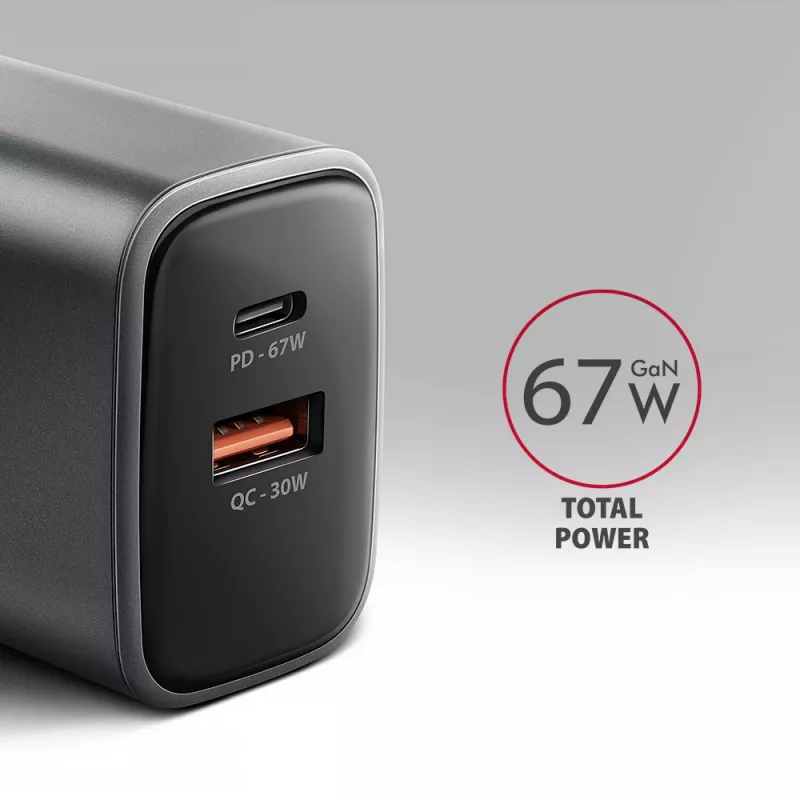 Voeding AXAGON ACU-PQ67, 67W, PD3.0 + QC4+, 1x USB-C + 1x USB-A, 100–240V, grijs/zwart