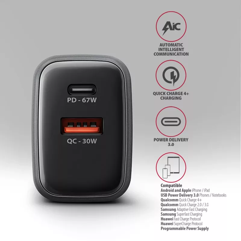 Voeding AXAGON ACU-PQ67, 67W, PD3.0 + QC4+, 1x USB-C + 1x USB-A, 100–240V, grijs/zwart