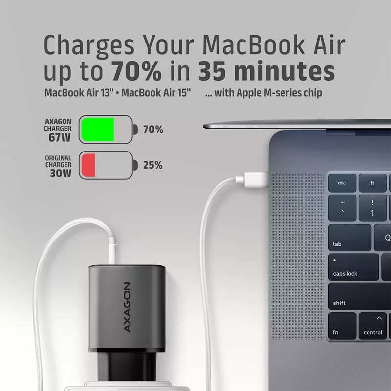 Voeding AXAGON ACU-PQ67, 67W, PD3.0 + QC4+, 1x USB-C + 1x USB-A, 100–240V, grijs/zwart