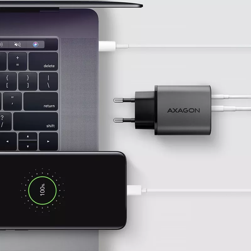 Voeding AXAGON ACU-PQ67, 67W, PD3.0 + QC4+, 1x USB-C + 1x USB-A, 100–240V, grijs/zwart
