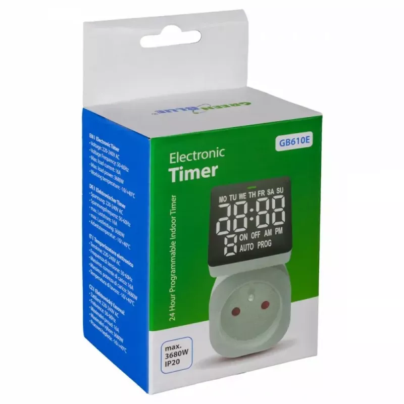Digitale tijdschakelaar GreenBlue GB610E, max. belasting 16A, IP20, programmeerbare aan-/uitcycli