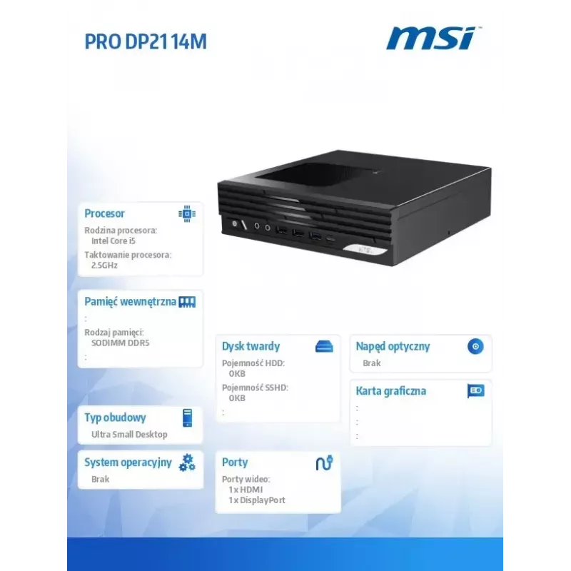 Desktop PC MSI PRO DP21 14M-243BEU — Intel Core i5-14400, Wi‑Fi, Bluetooth, zwart