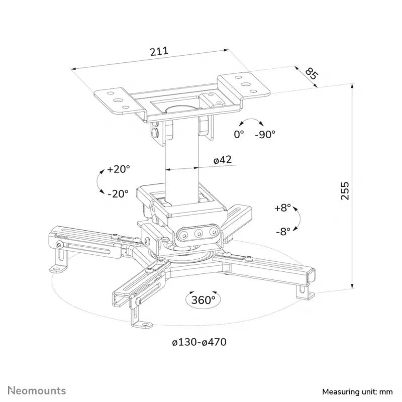 Plafondprojectorhouder Neomounts CL25-530WH1 — volledig beweegbaar, max. belasting 45 kg, hoogte 25,5 cm, wit