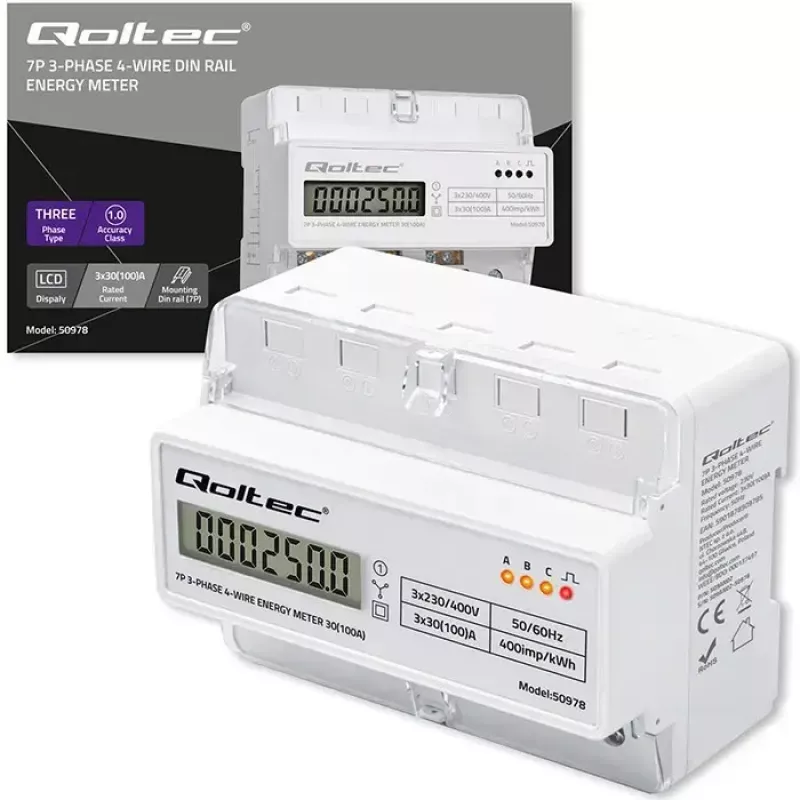 Driefasige DIN-rail energiemeter QOLTEC 50978 — 400 V, 100 A