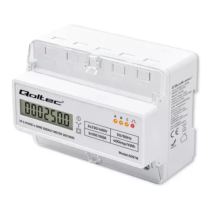 Driefasige DIN-rail energiemeter QOLTEC 50978 — 400 V, 100 A