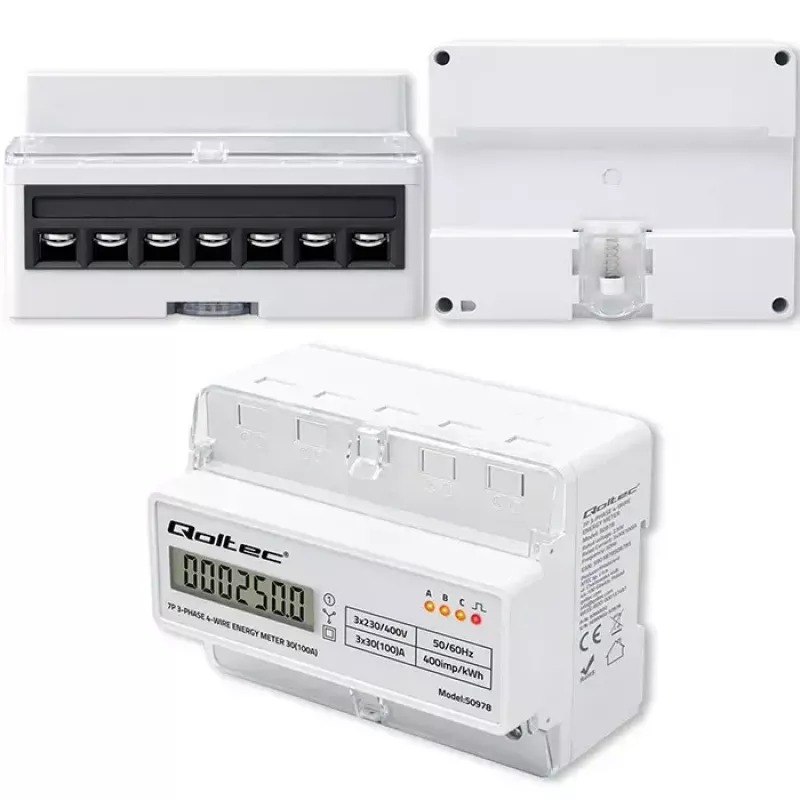 Driefasige DIN-rail energiemeter QOLTEC 50978 — 400 V, 100 A