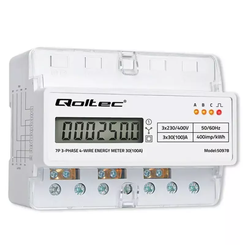 Driefasige DIN-rail energiemeter QOLTEC 50978 — 400 V, 100 A