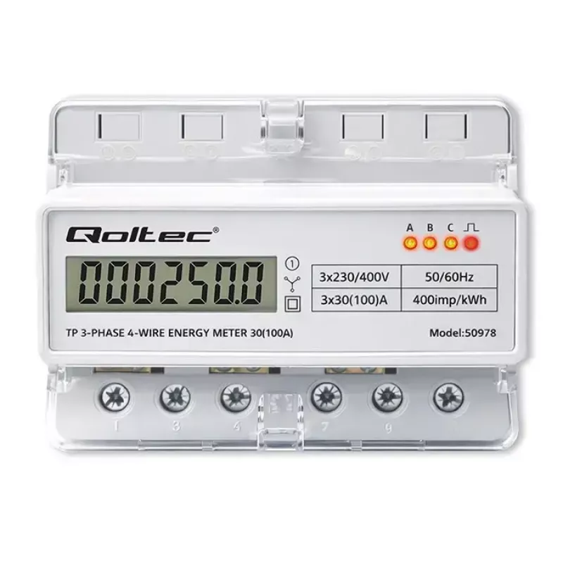 Driefasige DIN-rail energiemeter QOLTEC 50978 — 400 V, 100 A