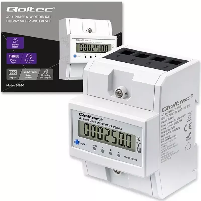 Driefasige energiemeter QOLTEC 50980 — 400 V, 100 A met reset