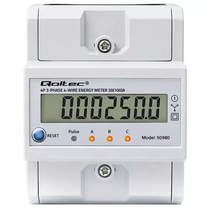 Driefasige energiemeter QOLTEC 50980 — 400 V, 100 A met reset