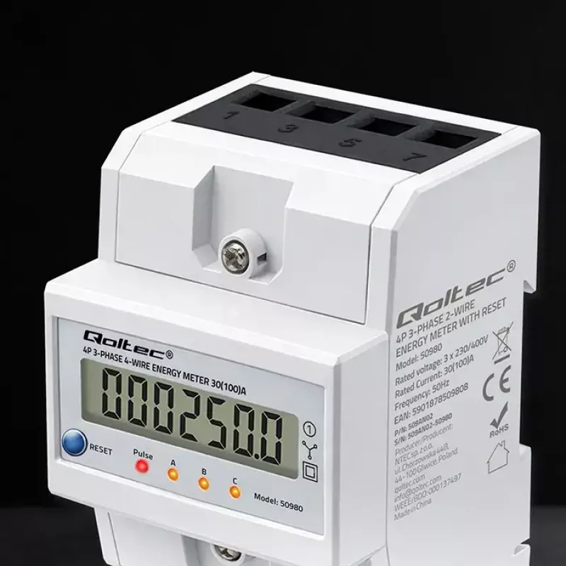 Driefasige energiemeter QOLTEC 50980 — 400 V, 100 A met reset