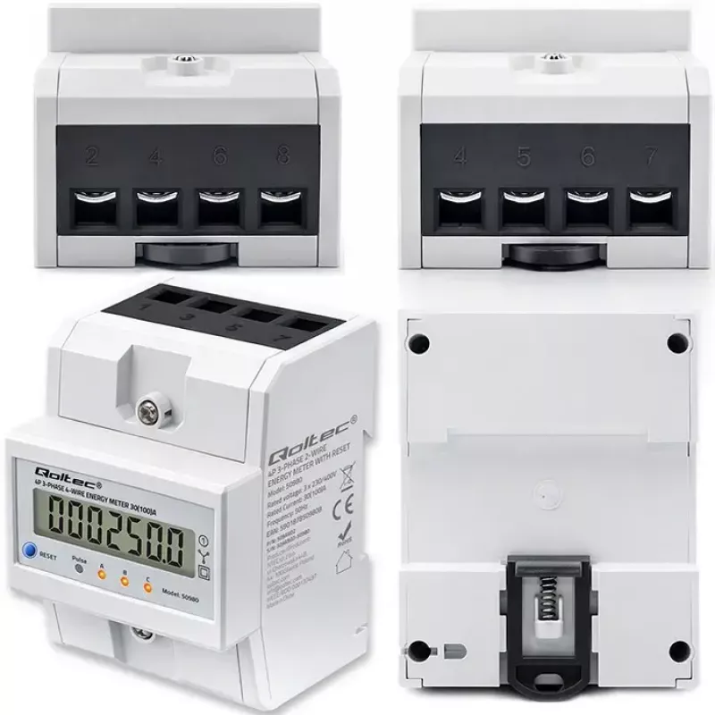 Driefasige energiemeter QOLTEC 50980 — 400 V, 100 A met reset