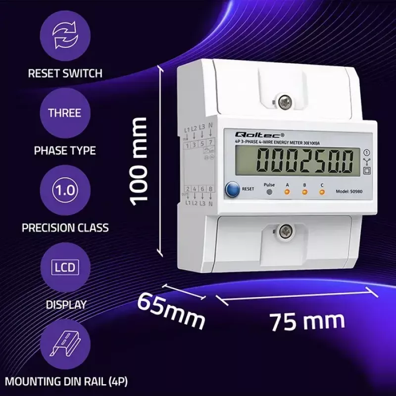 Driefasige energiemeter QOLTEC 50980 — 400 V, 100 A met reset