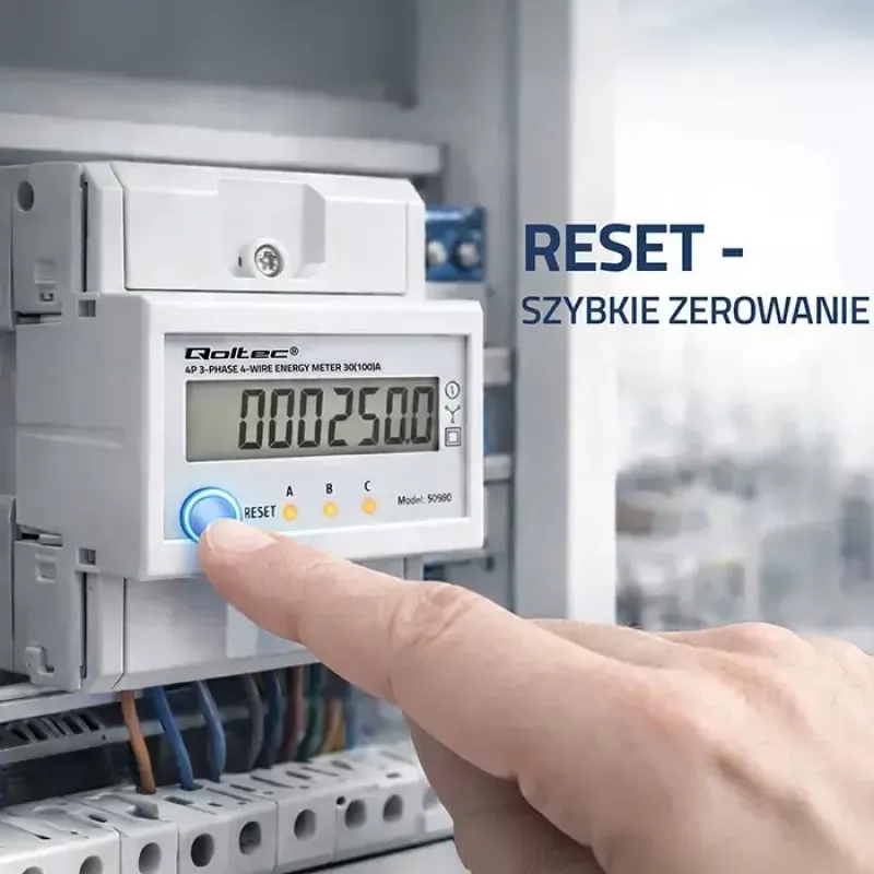 Driefasige energiemeter QOLTEC 50980 — 400 V, 100 A met reset